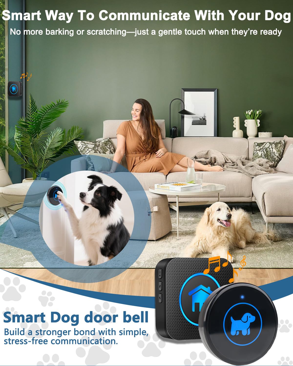 Dog Door Bell, Wireless Dog Doorbells for Potty Training – Dog Bells to Go Outside, 1000Feet Range, Waterproof Button, 55 Melodies & 5 Notification Modes (3 Buttons)