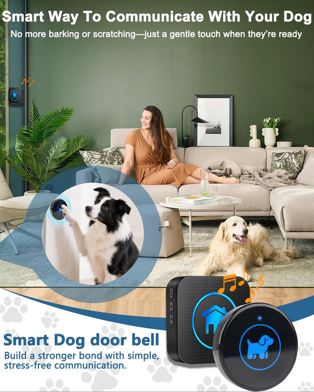 Dog Door Bell, Wireless Dog Doorbells for Potty Training – Dog Bells to Go Outside, 1000Feet Range, Waterproof Button, 55 Melodies & 5 Notification Modes (3 Buttons)