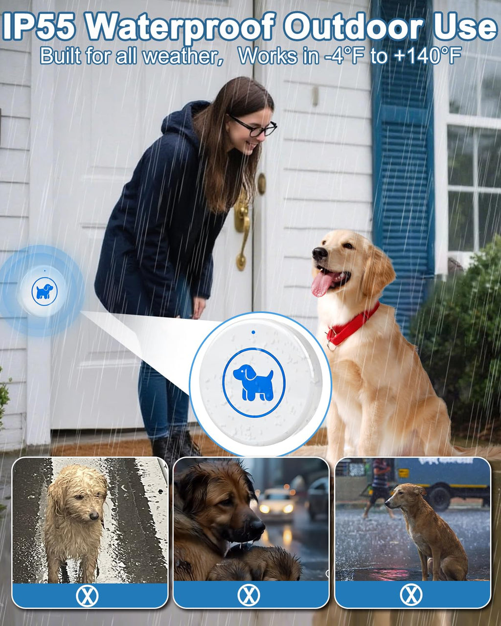 Dog Door Bell, Wireless Dog Doorbells for Potty Training – Dog Bells to Go Outside, 1000Feet Range, Waterproof Button, 55 Melodies & 5 Notification Modes (3 Buttons)