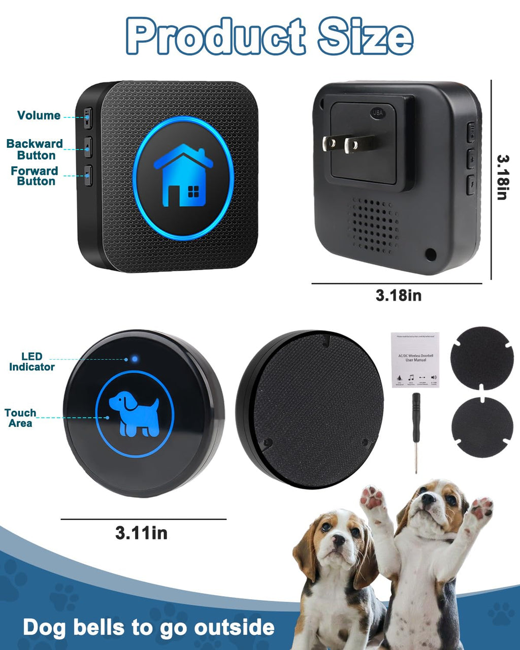 Dog Door Bell, Wireless Dog Doorbells for Potty Training – Dog Bells to Go Outside, 1000Feet Range, Waterproof Button, 55 Melodies & 5 Notification Modes (3 Buttons)