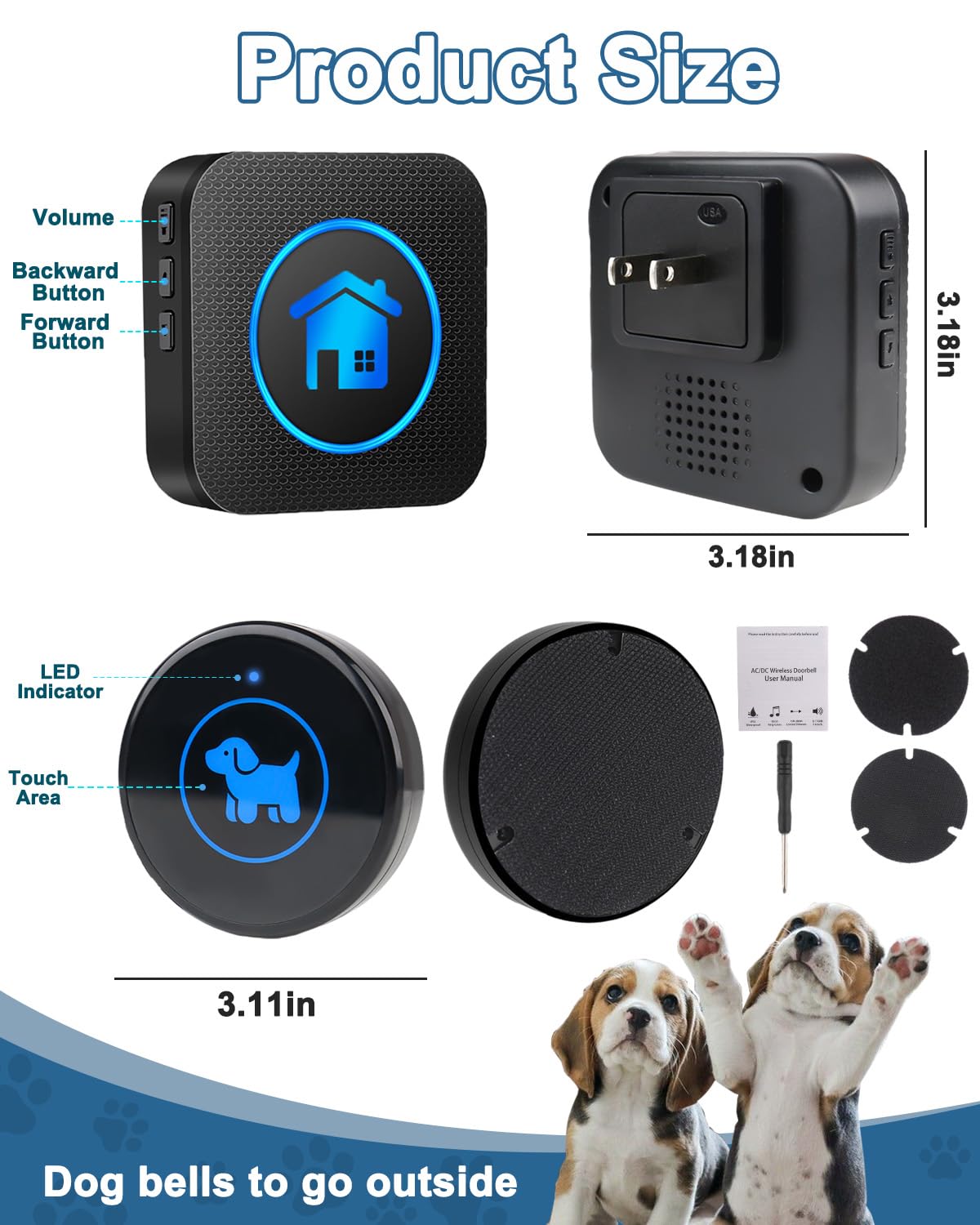 Dog Door Bell, Wireless Dog Doorbells for Potty Training – Dog Bells to Go Outside, 1000Feet Range, Waterproof Button, 55 Melodies & 5 Notification Modes (3 Buttons)