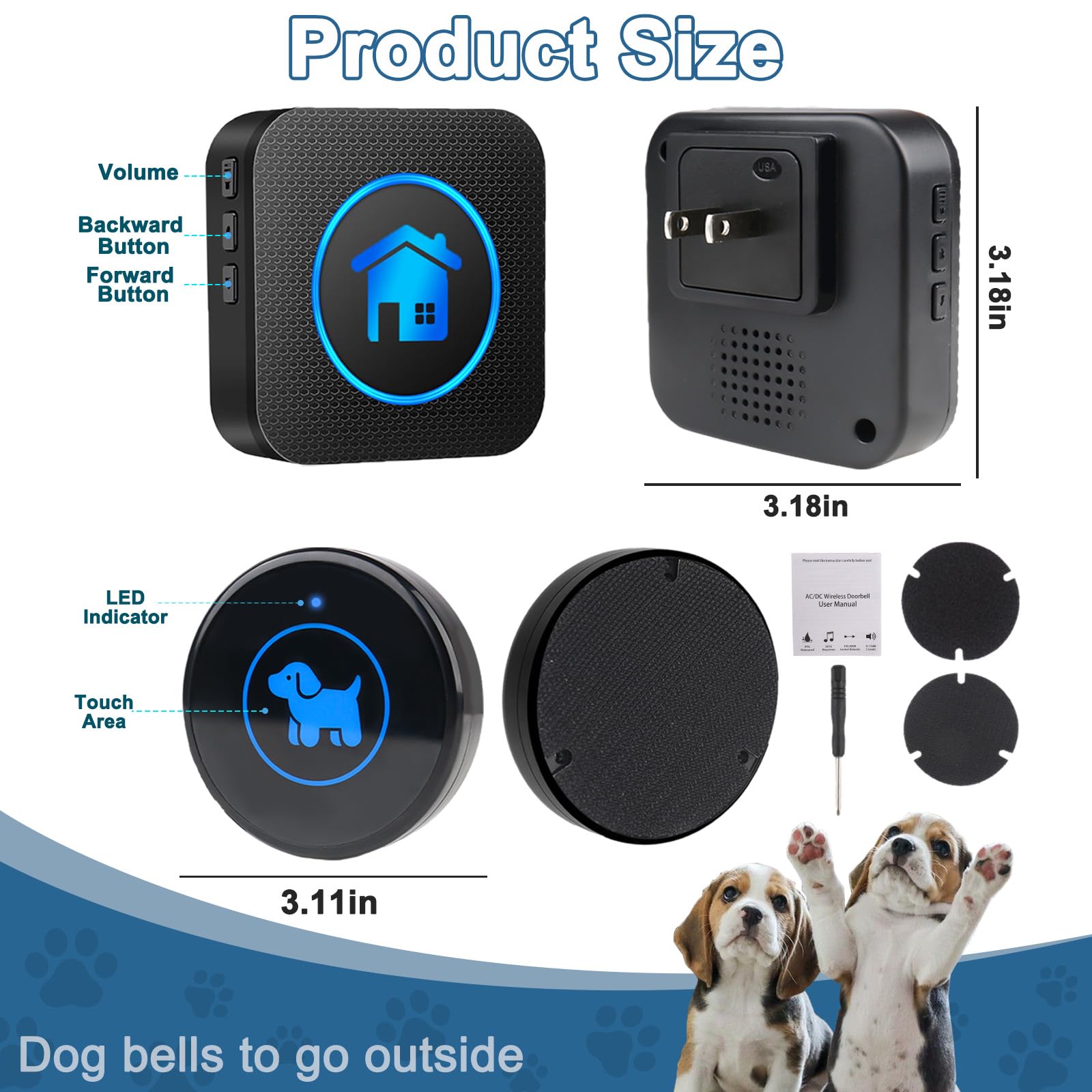Dog Door Bell, Wireless Dog Doorbells for Potty Training – Dog Bells to Go Outside, 1000Feet Range, Waterproof Button, 55 Melodies & 5 Notification Modes (3 Buttons)