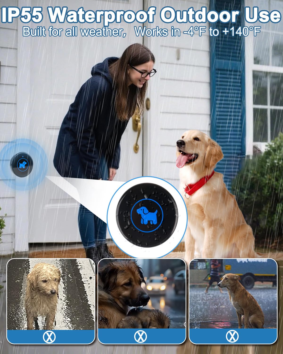 Dog Door Bell, Wireless Dog Doorbells for Potty Training – Dog Bells to Go Outside, 1000Feet Range, Waterproof Button, 55 Melodies & 5 Notification Modes (3 Buttons)