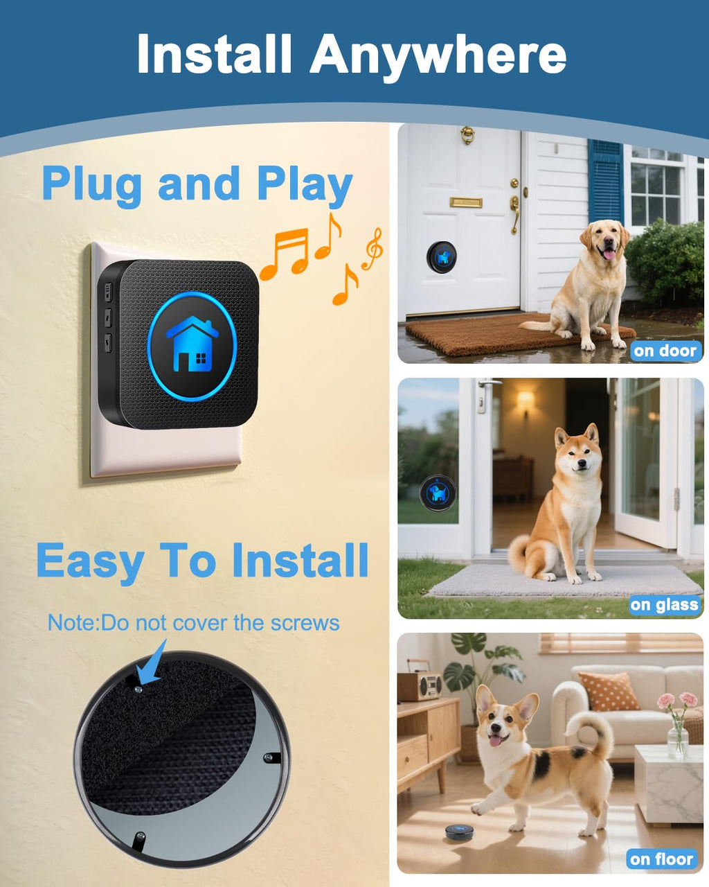 Dog Door Bell, Wireless Dog Doorbells for Potty Training – Dog Bells to Go Outside, 1000Feet Range, Waterproof Button, 55 Melodies & 5 Notification Modes (3 Buttons)