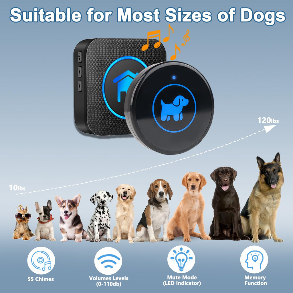 Dog Door Bell, Wireless Dog Doorbells for Potty Training – Dog Bells to Go Outside, 1000Feet Range, Waterproof Button, 55 Melodies & 5 Notification Modes (3 Buttons)