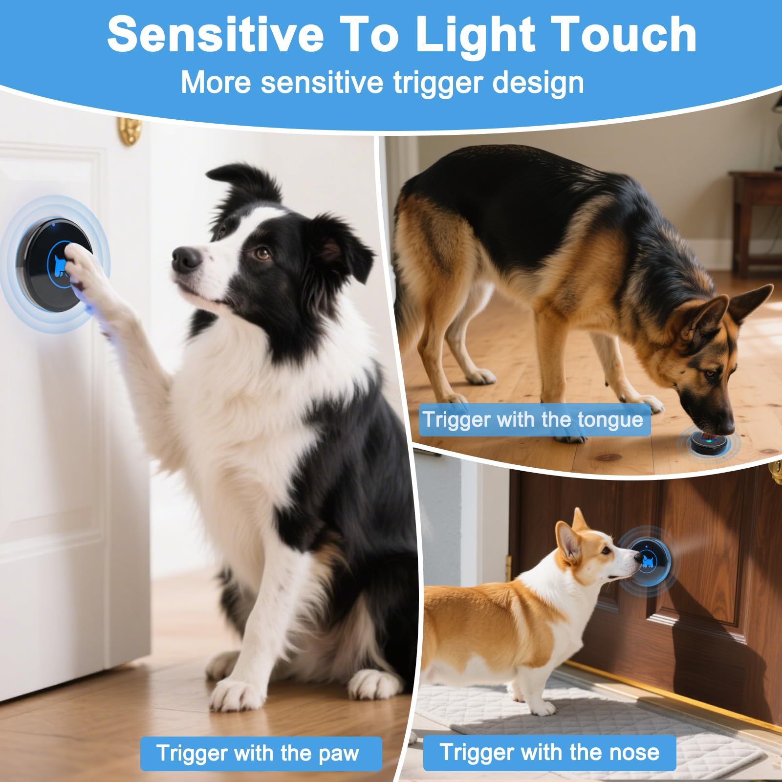 Dog Door Bell, Wireless Dog Doorbells for Potty Training – Dog Bells to Go Outside, 1000Feet Range, Waterproof Button, 55 Melodies & 5 Notification Modes (3 Buttons)
