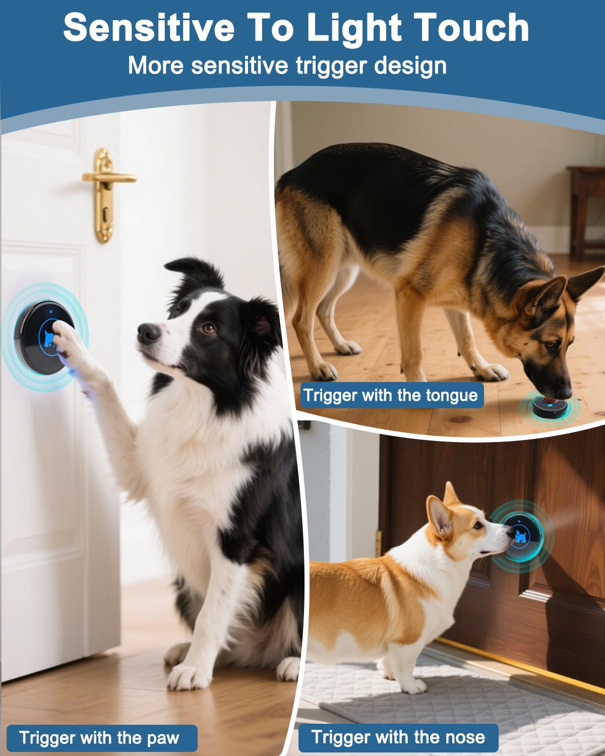 Dog Door Bell, Wireless Dog Doorbells for Potty Training – Dog Bells to Go Outside, 1000Feet Range, Waterproof Button, 55 Melodies & 5 Notification Modes (3 Buttons)