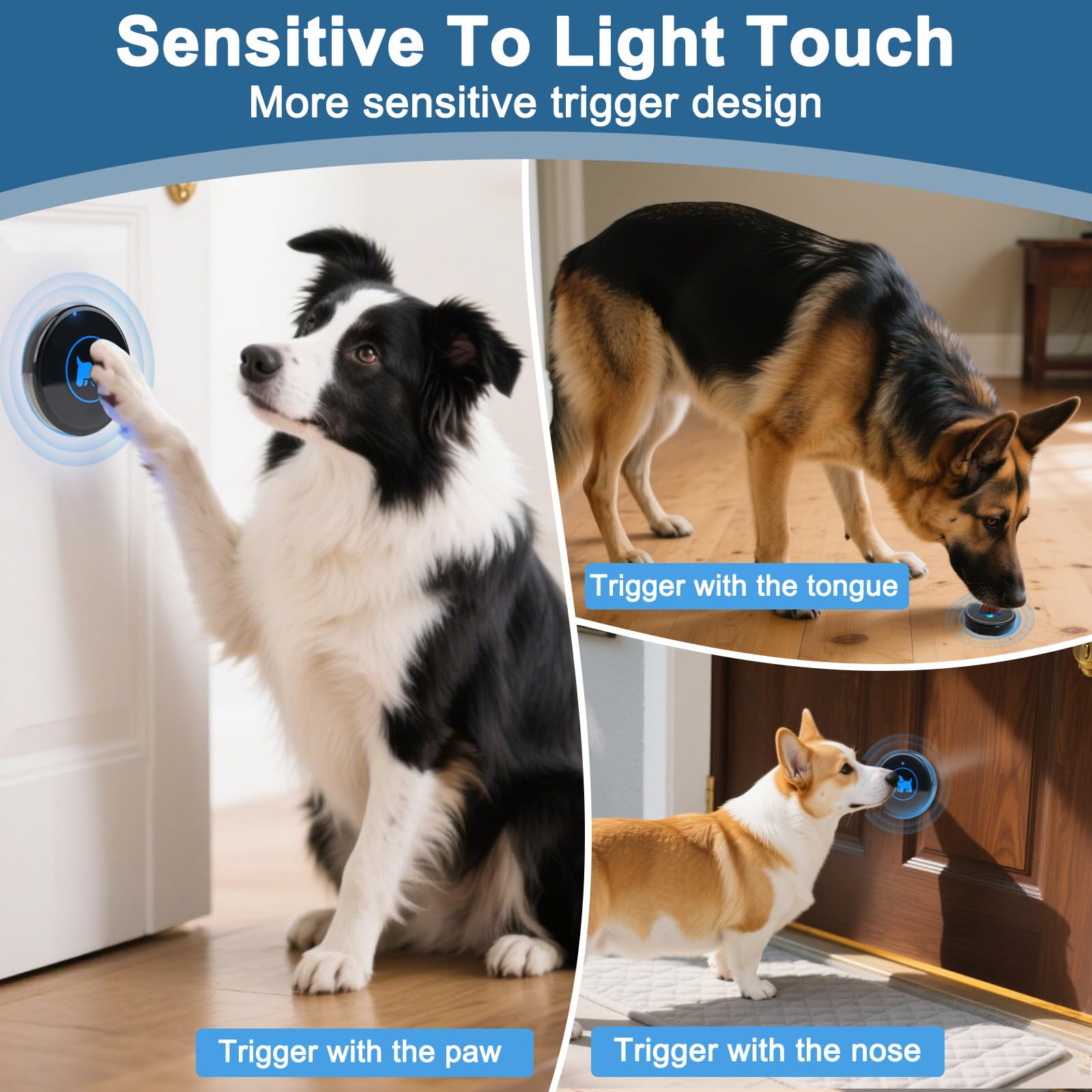 Dog Door Bell, Wireless Dog Doorbells for Potty Training – Dog Bells to Go Outside, 1000Feet Range, Waterproof Button, 55 Melodies & 5 Notification Modes (3 Buttons)