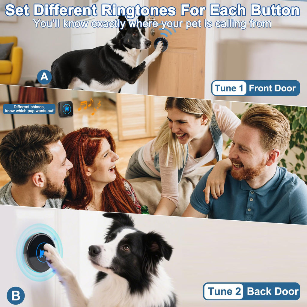 Dog Door Bell, Wireless Dog Doorbells for Potty Training – Dog Bells to Go Outside, 1000Feet Range, Waterproof Button, 55 Melodies & 5 Notification Modes (3 Buttons)